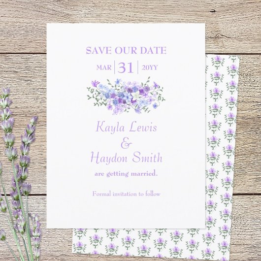 Lavender, Light Blue Bouquet Wedding Save the Date 招待状