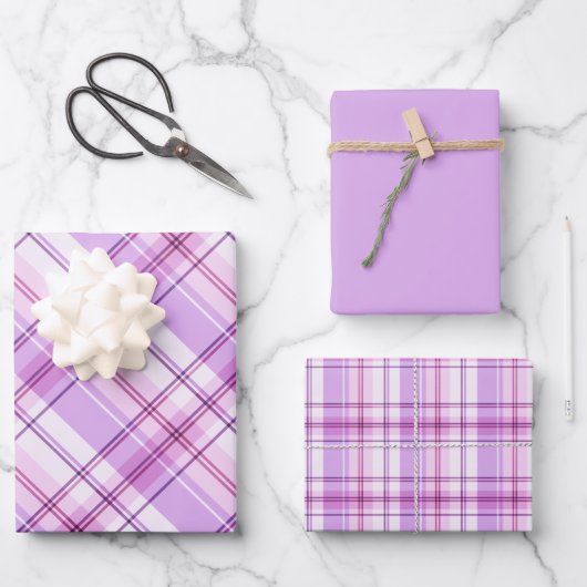 Lavender, Light Pink & White Plaid ラッピングペーパーシート (正面)
