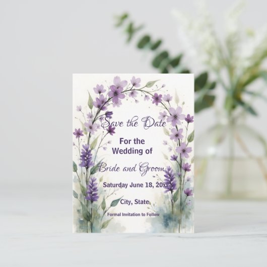 Lavender Lilac Floral Arch Save the Date ポストカード (スタンド正面)