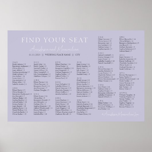 Lavender Lilac Wedding Alphabetical Seating Chart ポスター (正面)