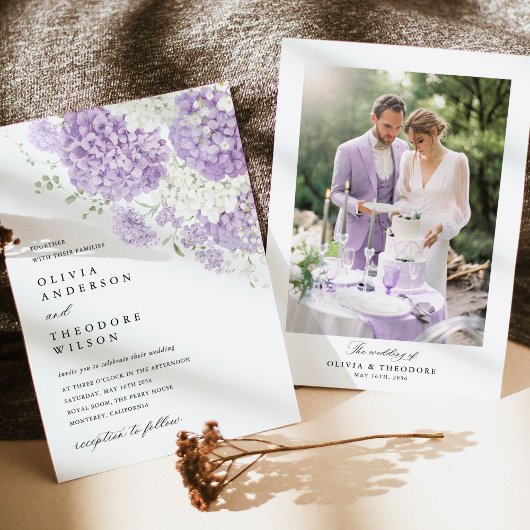 Lavender Lilac White Floral Photo Wedding 招待状