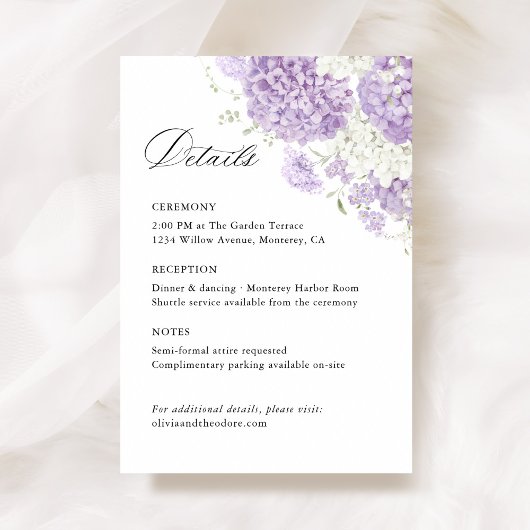 Lavender Lilac White Floral Wedding Details, Info エンクロージャーカード