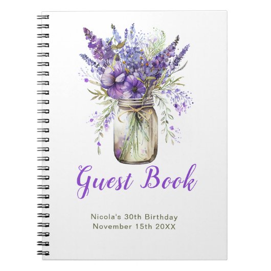 Lavender Mason Jar Birthday Party Guest Book ノートブック (正面)