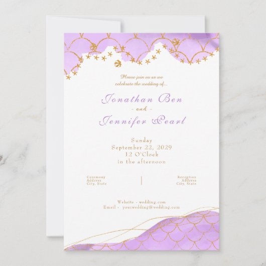 Lavender Mermaid Gold Wedding Invitation 招待状 (正面)