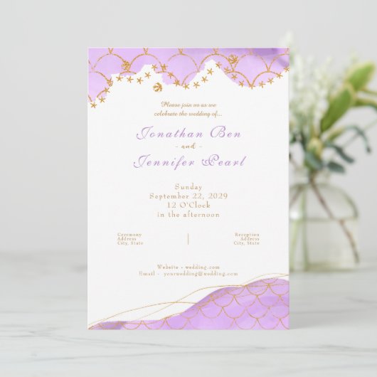 Lavender Mermaid Gold Wedding Invitation 招待状 (スタンド正面)