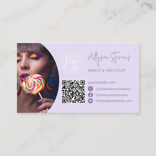Lavender Modern name script makeup hair logo qr 名刺 (裏面)