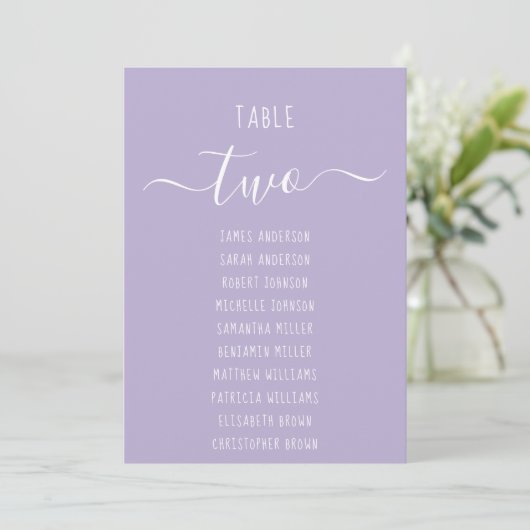 Lavender Modern Script Purple Seating Chart Card (スタンド正面)