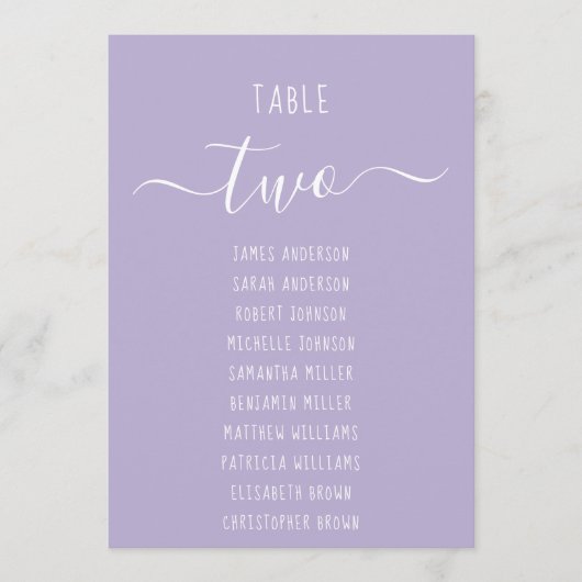 Lavender Modern Script Purple Seating Chart Card (正面)
