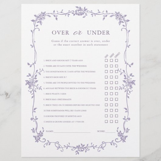 Lavender 'Over or Under' Bridal Shower Game (正面)