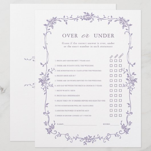 Lavender 'Over or Under' Bridal Shower Game (正面/裏面)