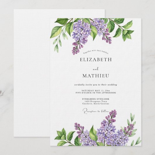 Lavender Painterly Botanical Wedding 招待状 (正面/裏面)