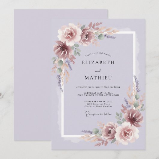 Lavender Painterly Romantic Wedding 招待状 (正面/裏面)