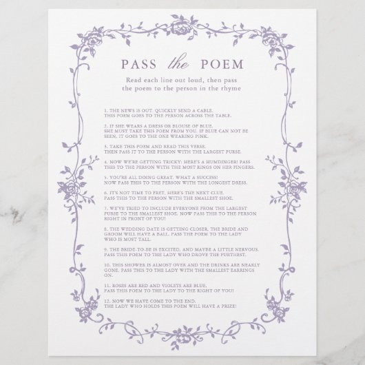Lavender 'Pass the Poem' Bridal Shower Game (正面)