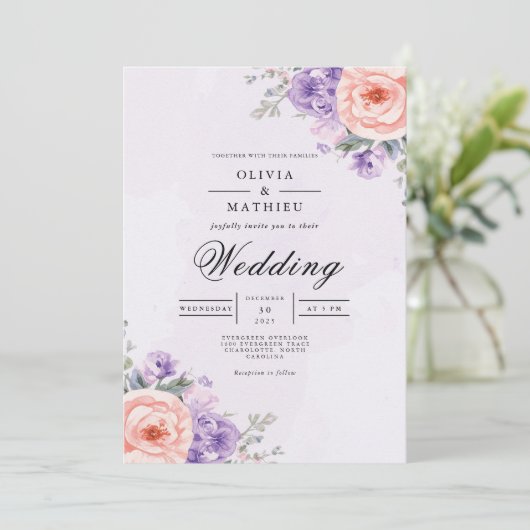 Lavender Peach Blossom Arch Wedding 招待状 (スタンド正面)