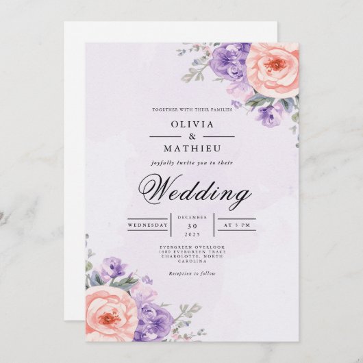 Lavender Peach Blossom Arch Wedding 招待状 (正面/裏面)