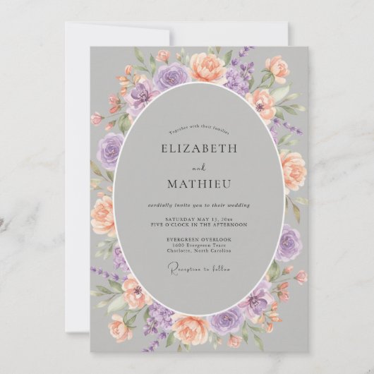 Lavender Peach Blossom Flourish Wedding 招待状 (正面)