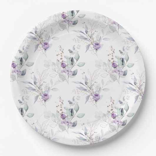 Lavender Peonies, Eucalptus Floral Wedding ペーパープレート (正面)