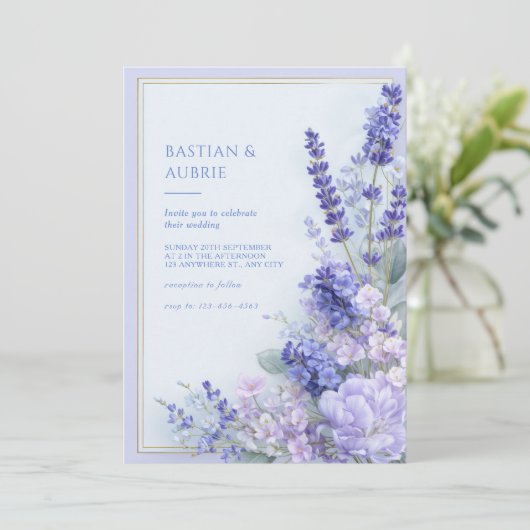 Lavender Periwinkle Gold Double Frame Wedding 招待状 (スタンド正面)