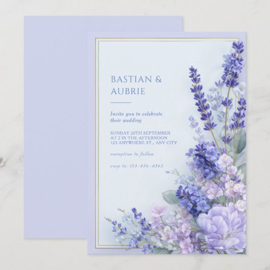 Lavender Periwinkle Gold Double Frame Wedding 招待状 (正面/裏面)
