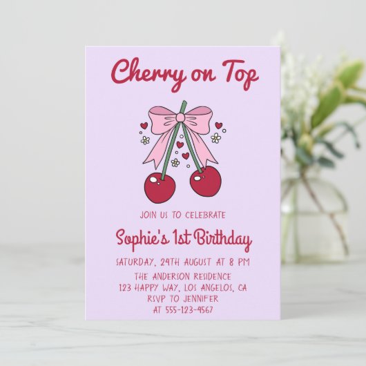 Lavender Pink Bow Cherry on Top 1st Birthday 招待状 (スタンド正面)