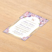 Lavender Pink Floral Gold Arch Butterfly Wedding アクリル招待状 (レイダウン)
