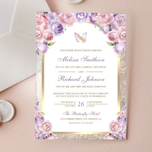 Lavender Pink Floral Gold Arch Butterfly Wedding アクリル招待状