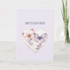Lavender Pink Floral Heart Butterflies Birthday カード