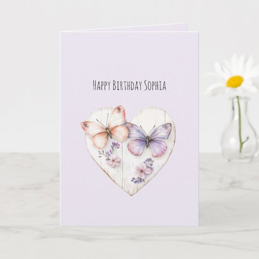 Lavender Pink Floral Heart Butterflies Birthday カード (小さな植物)