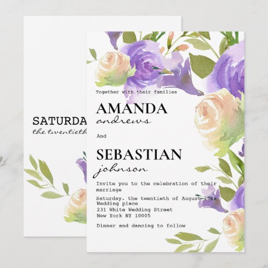 Lavender pink mint green floral botanical wedding  招待状 (正面/裏面)