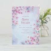 Lavender Pink Watercolor Sakura Border Wedding 招待状 (スタンド正面)