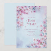 Lavender Pink Watercolor Sakura Border Wedding 招待状 (正面/裏面)