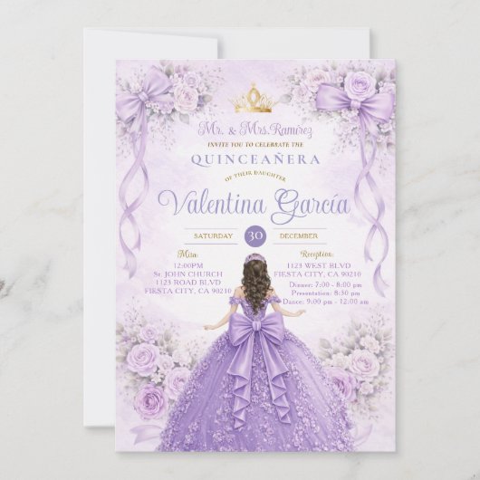 Lavender Princess Quinceañera Purple Lilac 招待状 (正面)