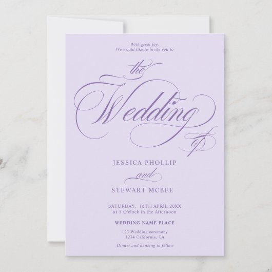 Lavender Purple all in one calligraphy wedding  招待状 (正面)