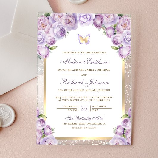 Lavender Purple Floral Gold Arch Butterfly Wedding アクリル招待状