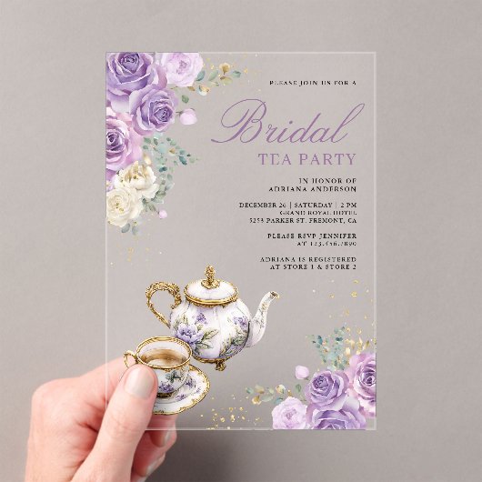 Lavender Purple Floral Tea Party Bridal Shower アクリル招待状 (インサイチュ (ポータブル))