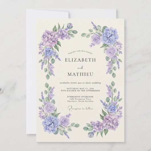 Lavender Purple Floral Whimsy Wedding 招待状 (正面)