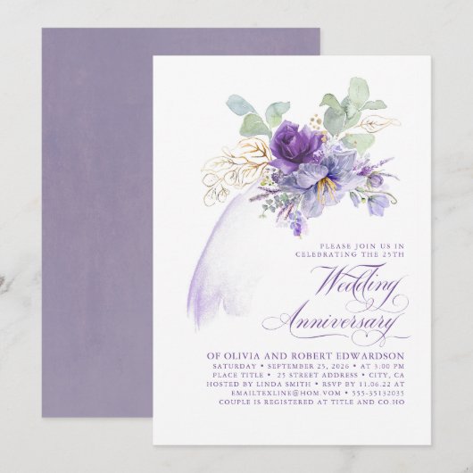 Lavender Purple Flowers Wedding Anniversary 招待状 (正面/裏面)