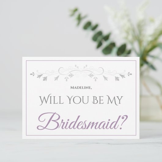Lavender Purple & Gray Be My Bridesmaid Card カード (スタンド正面)