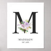 Lavender Purple Letter 'M' Nursery Name Wall Art ポスター (正面)