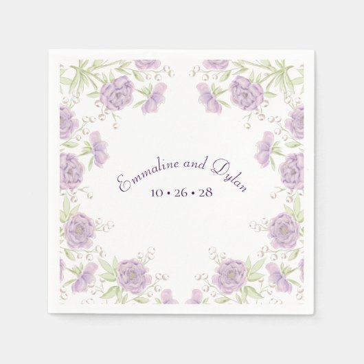 Lavender Purple Rose Wedding スタンダードカクテルナプキン (正面)
