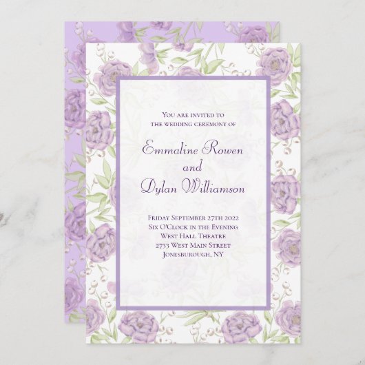 Lavender Purple Rose Wedding 招待状 (正面/裏面)