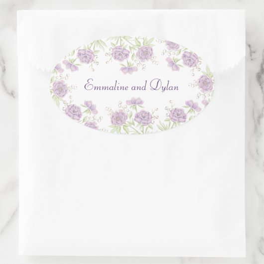 Lavender Purple Rose Wedding 楕円形シール (バッグ)