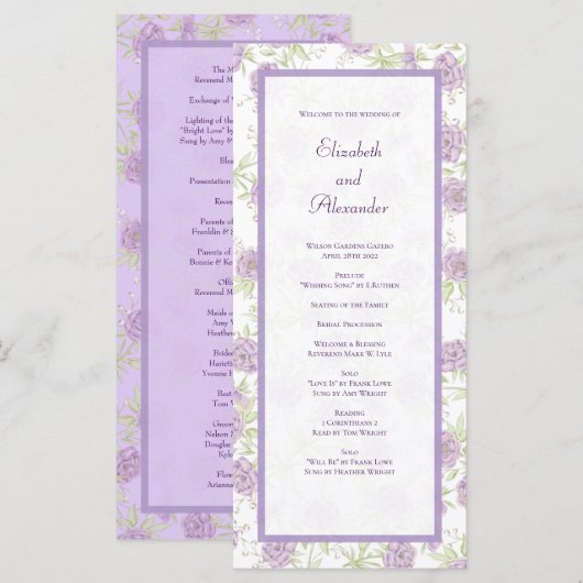 Lavender Purple Rose Wedding Programs メニュー (正面/裏面)
