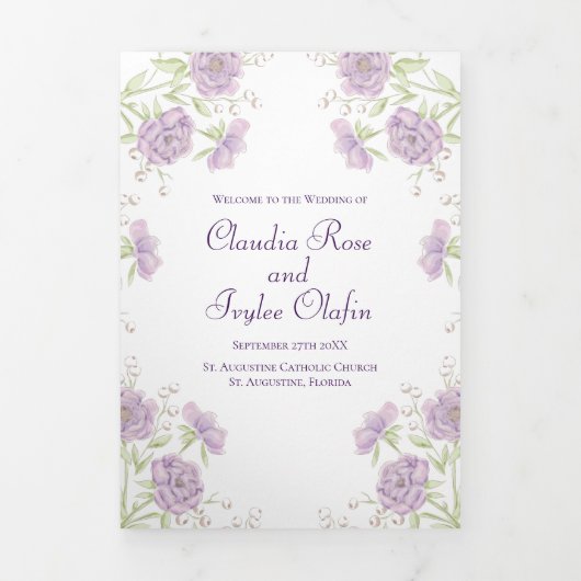 Lavender Purple Rose Wedding Programs 三つ折りプログラム (カバー)