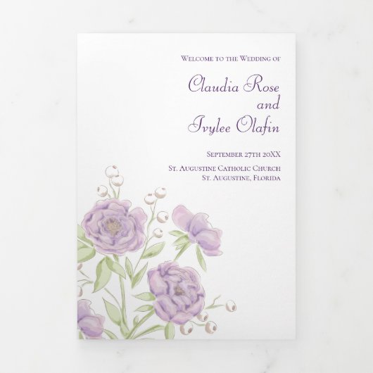 Lavender Purple Rose Wedding Programs 三つ折りプログラム (カバー)