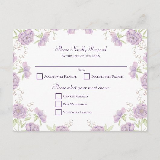 Lavender Purple Rose Wedding RSVP シーズンポストカード (正面)