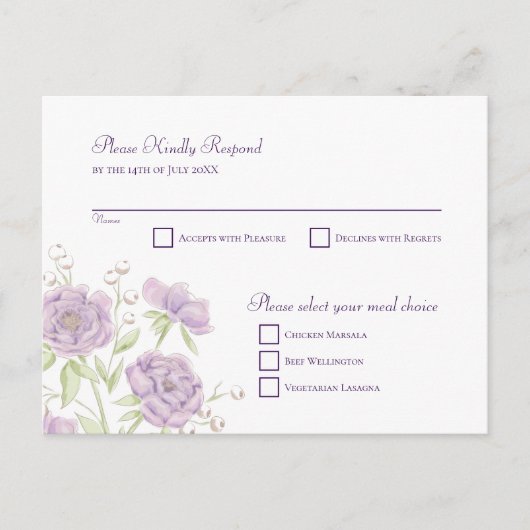 Lavender Purple Rose Wedding RSVP Reply シーズンポストカード (正面)
