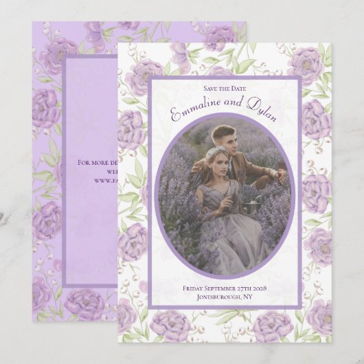 Lavender Purple Rose Wedding Save the Date 招待状 (正面/裏面)