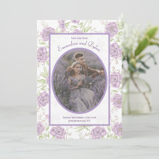 Lavender Purple Rose Wedding Save the Date 招待状 (スタンド正面)