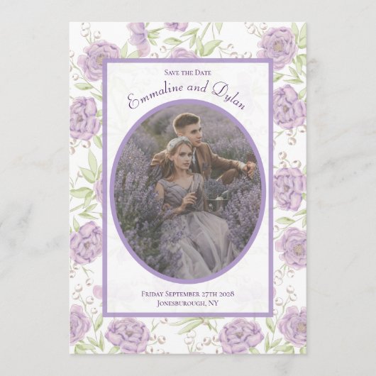 Lavender Purple Rose Wedding Save the Date 招待状 (正面)